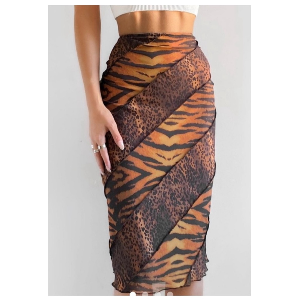 Urban Outfitters Mesh Animal Print Patchwork Midi Skirt S Tan